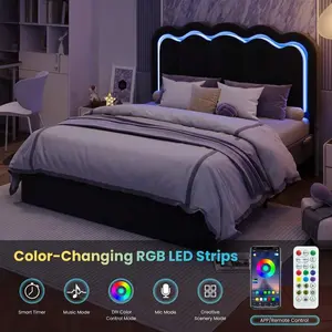 Twin/Full/Queen Upholstered Size Bed Frame With LED Lights, Adjustable Velvet Headboard With Wavy Design, Noise Free, Wooden Slats Platform Bed, Easy Assembly, No Box Spring Needed, Black