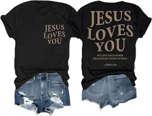 Christian T Shirts for Women Jesus Loves You Shirt Faith Religious Cross Floral Graphic T-Shirt Bible Verse Tee Tops
