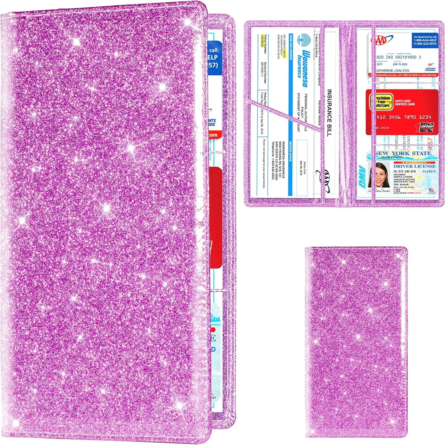 Car Registration and Insurance Holder, Bling Premium Pu Leather Vehicle Glove Box Organizer, Prefect Leather License Registration Holder for Driver License, Cards & Essential Documents (Purple)																	