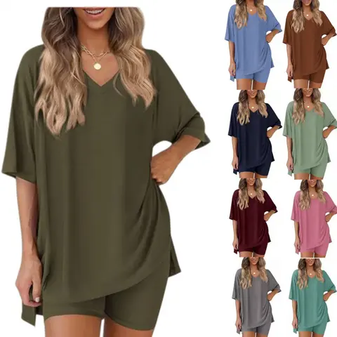 Women's 2-Piece Casual Loungewear Set - Everyday Basic Chic Tunic Oversized V-Neck T-Shirt & Biker Shorts Outfit