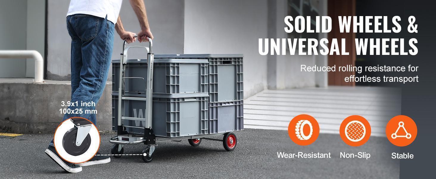 VEVOR Aluminum Folding Hand Truck, TikTokShopBlackFriday, 2 in 1 Design Max 800 lbs Capacity, Heavy Duty Industrial Collapsible cart, Dolly Cart with Rubber Wheels for Transport and Moving in Warehouse, Supermarket, Garden