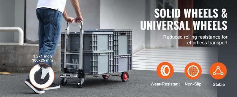 VEVOR Aluminum Folding Hand Truck, TikTokShopBlackFriday, 2 in 1 Design Max 800 lbs Capacity, Heavy Duty Industrial Collapsible cart, Dolly Cart with Rubber Wheels for Transport and Moving in Warehouse, Supermarket, Garden
