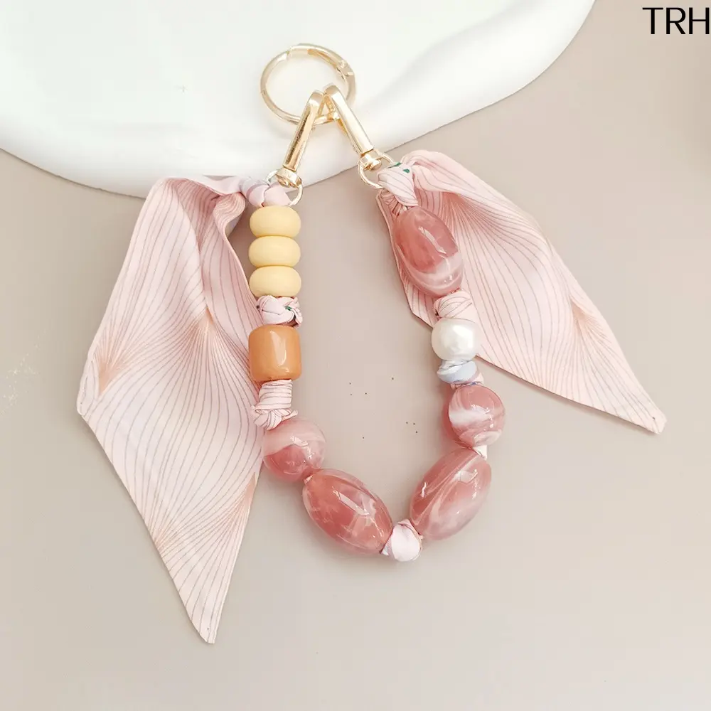 Pink Marble Bead Silk Scarf Wrist Lanyard for Women, Elegant Vintage Beaded Phone Chain, Multi Use Bag Charm Keychain Accessory for Purse Car Keys Cell Phone