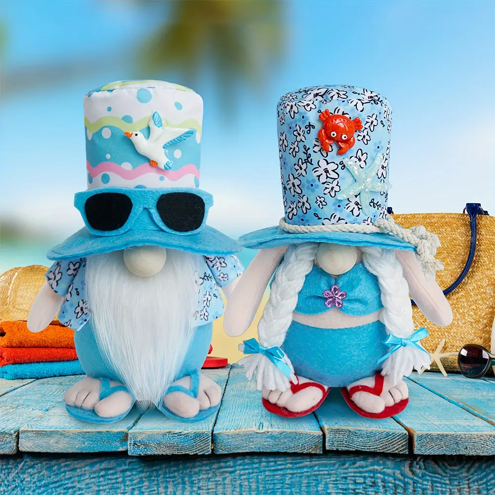 2Pcs Premium Fabric Beach Gnome Plush Couple Ornaments - 1 Male With Hat & Weighted Base, 22x12x10cm Classic Novelty Toy Figures, Kitchen/Tiered Tray Decor, Charming Summer Decorations, Holiday Gift