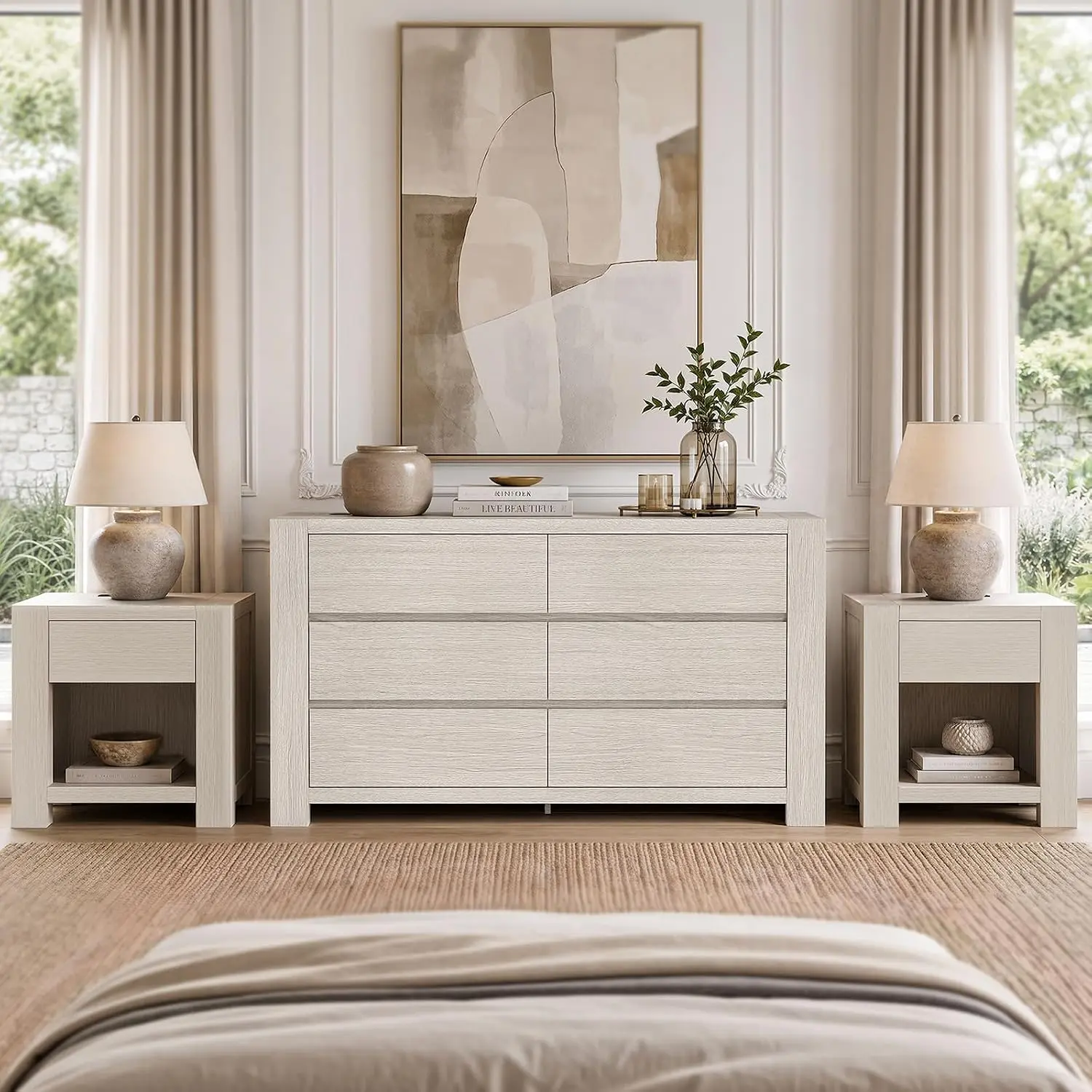 Solid Wood 3-Piece Bedroom Furniture Set - 6-Drawer Dresser, 2 Nightstands with Charging Station, Modern Oak Indoor Storage Set for Bedroom
