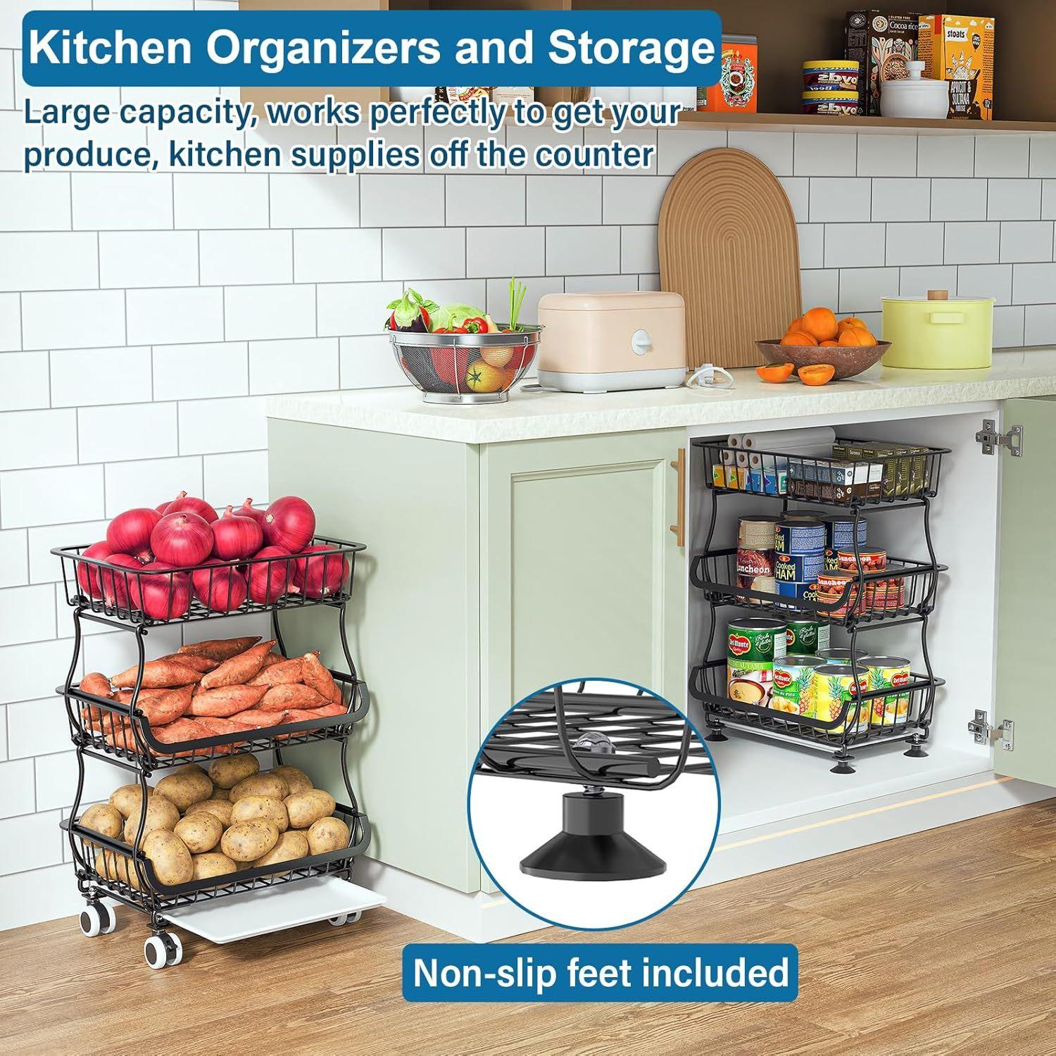 3-Tier Rolling Pantry Floor Organizer and Storage Cart with Wheels, Stackable Wire Pantry Baskets for Pantry Shelves, Kitchen Fruit Basket Stand and Storage Rack for Fruit Snack Onion Potato