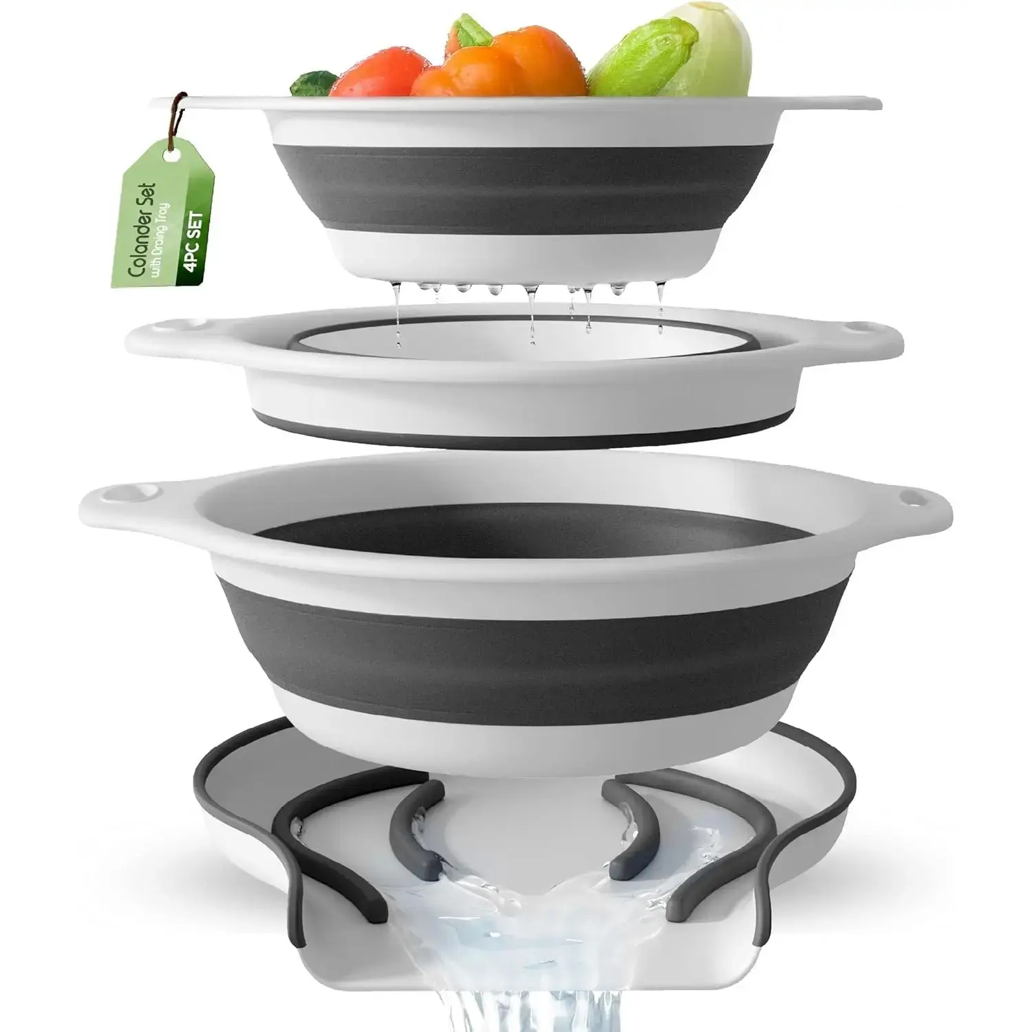 Gevoli Collapsible Colanders 3-Pack Sturdy Kitchen Strainer Set, Compact with Over-Sink Self-Drainage Base, 3 Sizes (3QT, 4QT, 5QT) for Dinner Prep (Patent Pending, White)