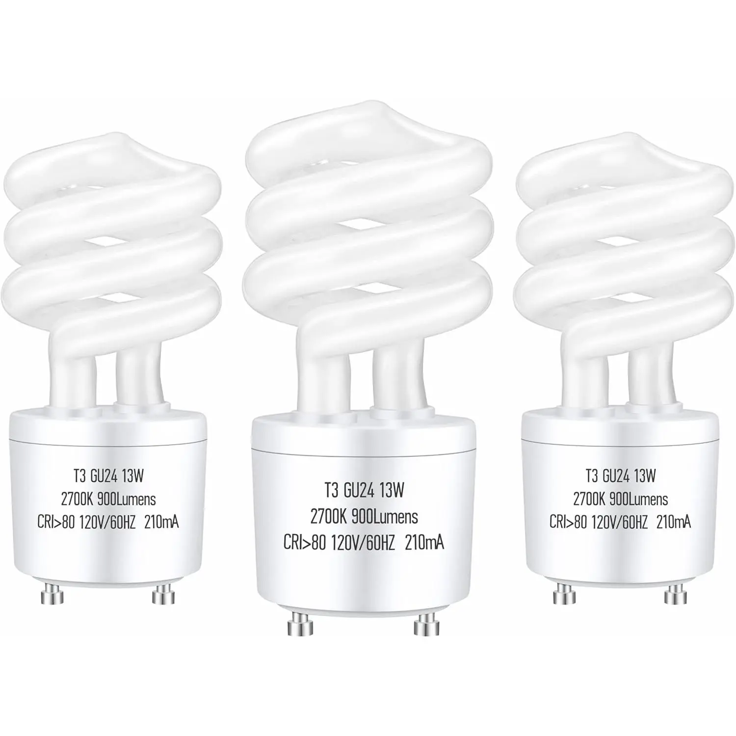 GU24 13Watt 2700K 900lm CFL Light Bulbs, T3 Spiral Gu24 Base 2 Prong (60W Equivalent) Soft White Compact Fluorescent Light Bulbs, UL Approved, 120v 60Hz, Self Ballasted, Indoor Use (3 Pack)