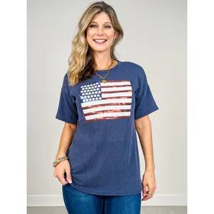 Short Sleeve Sequin Flag Patch Top