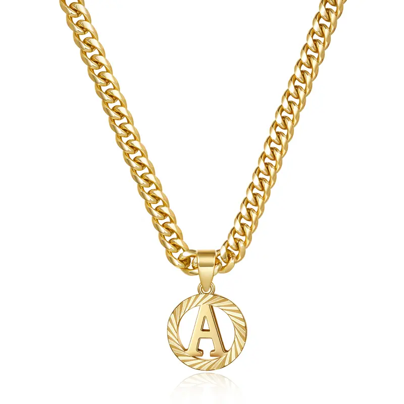 KissYan 14K Gold Plated Unisex Alphabet Pendant Initial Necklace, 5mm Cuban Link Chain, Hollow Capital Monogram, Dainty Costume Jewelry, Stylish Accessories, Womens Gifts for Beach Vacation (Alphabet Pendant, Jewelry for Women, Necklaces for Women)