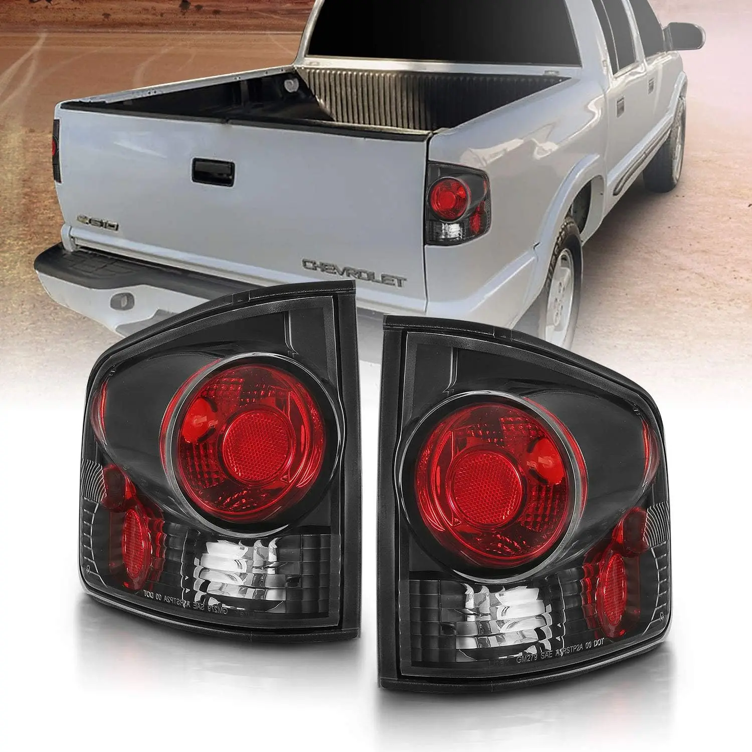 AmeriLite for 94-04 Chevy S-10 / GMC Sonoma Black Replacement Brake Lamp Tail Lights Assembly Set - Passenger and Driver Side