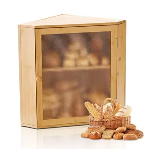 fathersdaygift VEVOR Corner Bread Box for Kitchen Counter, Double Layer Large Capacity Bamboo Bread Storage Container, Farmhouse Wooden Breadbox for Homemade Bread, Storage Holder Bin with Acrylic Wavy Door, Natural