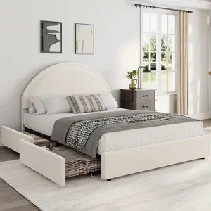 Modern Boucle Upholstered Bed Frame, Curved Headboard Platform Bed with 2 Storage Drawers, Heavy-Duty Steel Slats Support, Noise-Free, No Box Spring Needed, Easy Assembly