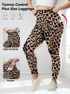 Women's Plus Size Pocket Yoga Pants Xl-5xl, High Waist Elasticity Abdominal Control Sports Tight Fit Leggings