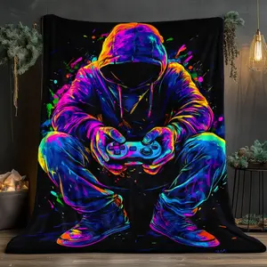 1pc Hooded Gamer with Controller Blanket - Lightweight Flannel All-Season Soft Warm Throw for Sofa Bed Travel Camping Office - Vibrant Digital Print Machine Washable, Gamer Blanket