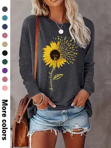 Women's Floral Print Round Neck Tee, Casual Aesthetic Fitted Long Sleeve Crew Neck Top for Fall & Winter, Women's Lady Clothes for Daily Wear