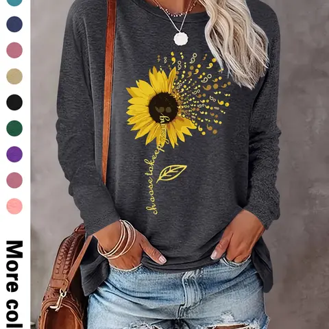 Women's Floral Print Round Neck Tee, Casual Aesthetic Fitted Long Sleeve Crew Neck Top for Fall & Winter, Women's Lady Clothes for Daily Wear