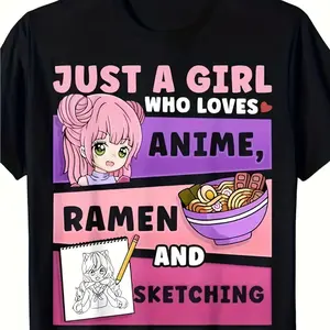Anime Ramen Sketch Graphic Cotton T-Shirt, Casual Crew Neck Tee Ideal Holiday Gift