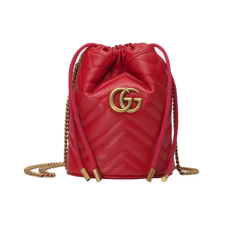 Women's Gucci GG Marmont Logo Quilted Leather Bucket Bag, Chain Strap, Red Bucket Purse