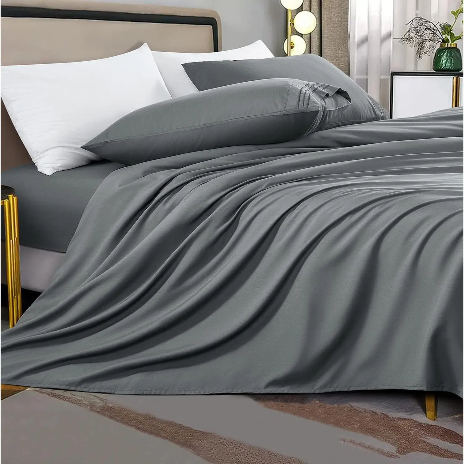 100% Microfiber Queen Size Sheet Set - 1800 Count, 4-Piece, Dark Grey, Cooling, Wrinkle Resistant, Durable, 16 in Deep Pockets, Easy Fit, Smooth Touch, Washable for Home Bedroom