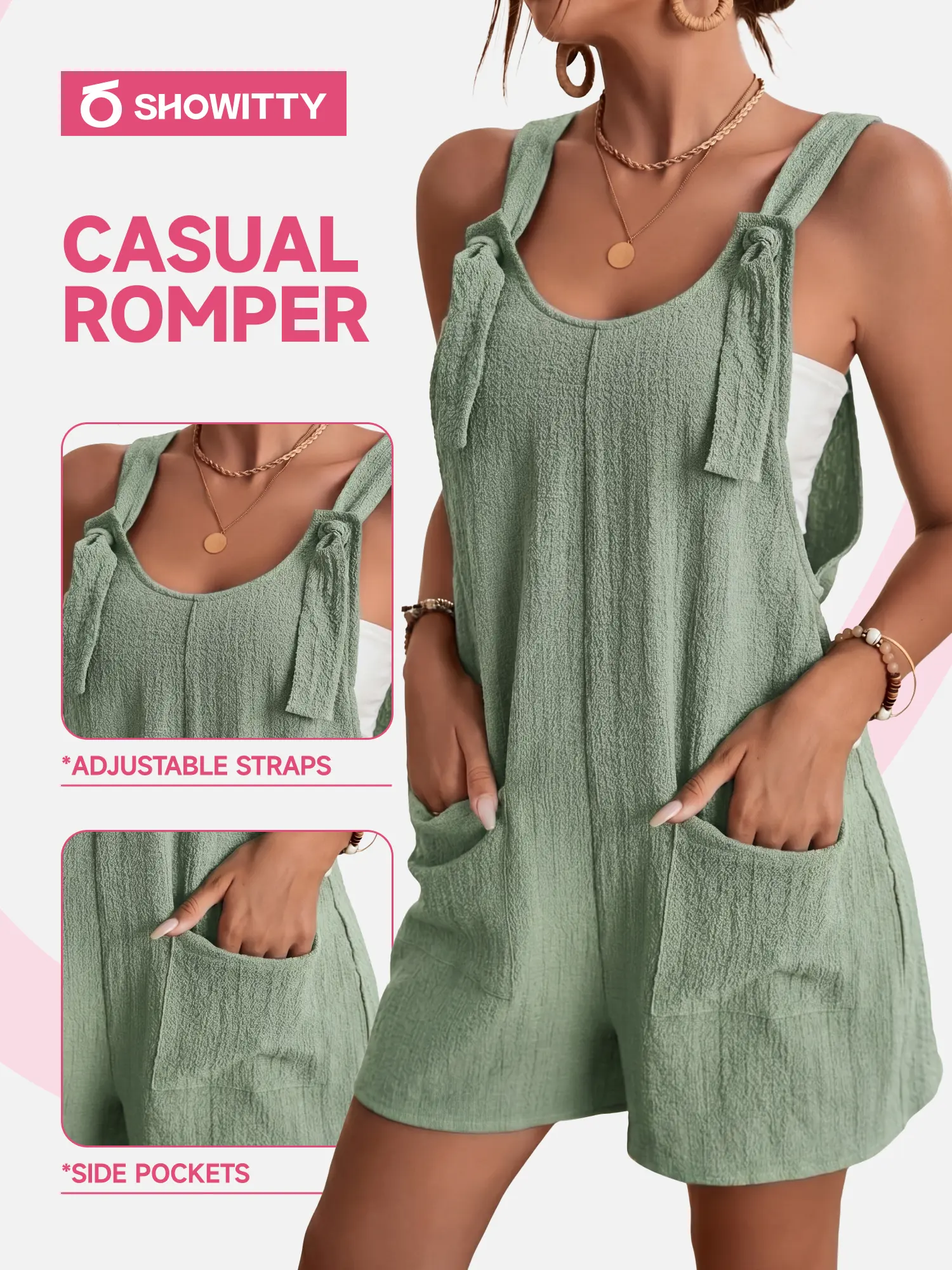 【One & Done】SHOWITTY Womens Sleeveless Romper Casual Loose Fit Adjustable Strap Short Jumpsuit with Pockets #tiktokshopsummersale