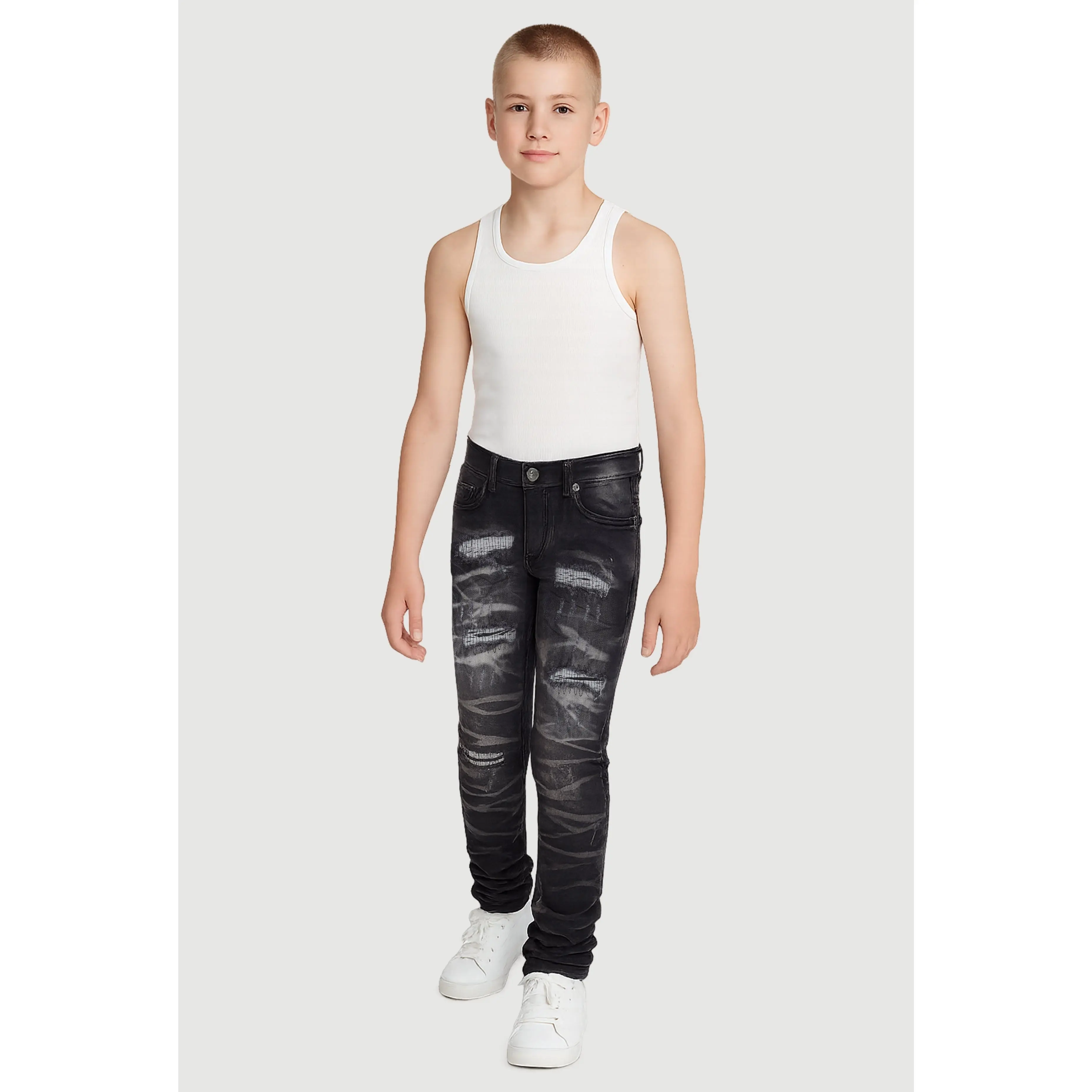 Boys Whiskered Distress and Repair Skinny Jeans