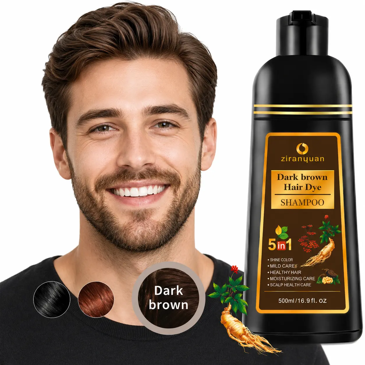 5-in-1 Herbal Hair Dye Shampoo Dark Brown, 100% Instant Gray Coverage for Women & Men, Ammonia Free Vegan Color Depositing Shampoo with Ginseng Extract, Fast 10 Min At-Home Salon Quality Hair Color Wash, Gentle Scalp Safe Formula 500ml 16.9 fl oz