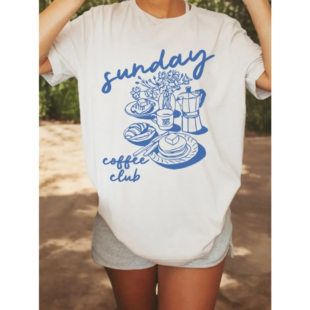 Sunday Coffee Club Graphic Tee Women Cotton Short Sleeve T Shirt Cute Cafe Brunch Outfit Soft Breathable Casual Summer Streetwear Coffee Lover Gift
