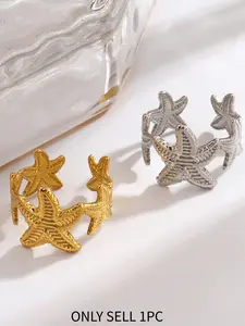 Waterproof Non-Tarnish Silver Color Ring, Hypoallergenic Stainless Steel, Ocean Starfish Design, Fashion Jewelry Accessory