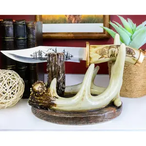 Western Rustic 8 Point Buck Stag Deer Antlers Display With Bear Sculpted Dagger