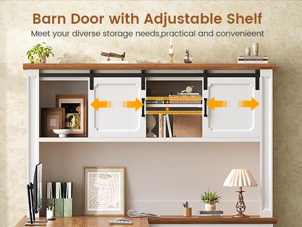 SEDETA 67" Farmhouse L Shaped Desk with Hutch, Executive Home Office Desks with 4 Drawers & Storage Cabinet, Corner Computer Desk with Sliding Doors, File Drawer & Power Outlet