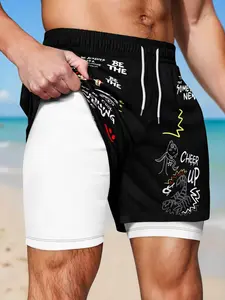 Men's Double-Layer Beach Shorts, Inspirational Graffiti Print Anti-Chafe Liner, Elastic Waist Drawstring Shorts for Gym, Running, Summer Beach and Casual Wear