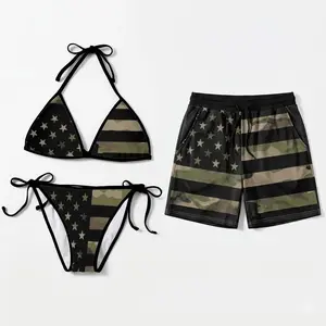Camo Couple Swimwear Set USA Flag, Camouflage Bikini & Mesh Shorts, 4th of July Matching Swimsuit, Patriotic Beach Outfit