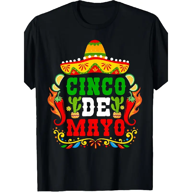 Men's Oversized Cinco De Mayo Graphic Tee - Menswear Short-Sleeve Round Neck Print Top for 5th of May Party Streetwear