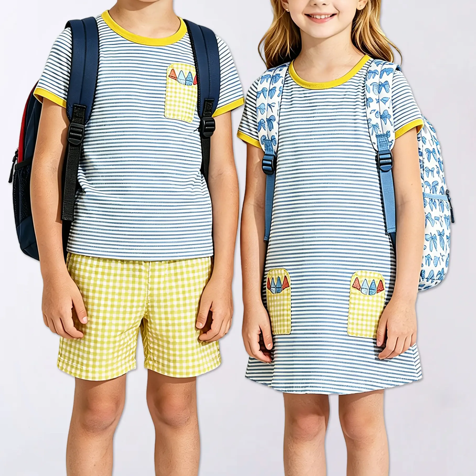 Back To School Sibling Matching Outfit, Blue White Stripe Yellow Gingham Twin Set, Boys Short Sleeve Pocket T-Shirt & Girls Pocket Dress, Soft Cotton Toddler Coordinating Clothes For Preschool Elementary Kids