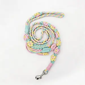 Handmade Braided Cotton Dog Leash with Unique Floral Handle, Durable and Stylish, Ideal for Small to Large Dogs, Rainbow Color