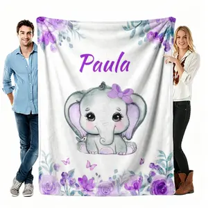 Gift For Baby Girl Flannel Blanket, Custom Name Watercolor Baby Elephant Soft Cozy Throw, For Crib Nursery Stroller, Baby Shower Gift For Daughter, Floral Keepsake Decor