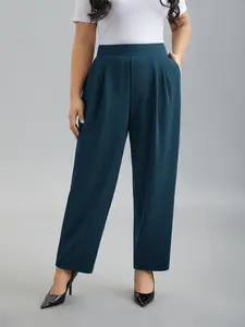 【Summer Turn-Up】BlOOMCHIC Plus Plus Stretchy-Waist Straight Leg Pants Pocket Black Minimalist Workwear Essential Mid Rise All Seasons Full Length Fitted Slanted Pocket [1x-6x] 2026 Summer Pick for Mother's Day
