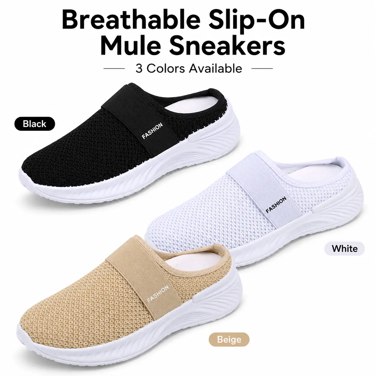 Women's Casual Mesh Upper Mule Sneakers - Round Toe, Slip-On, Polyurethane, Backless Walking Footwear with Lightweight Cushioned Sole for Daily Wear