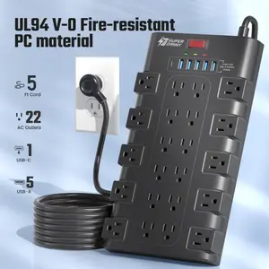 Extension Cord 5/7/13 Ft, Surge Protector Power Strip with 6 USB Charging Ports(24W/4.8A) and 22 AC Outlets(1875W/15A), 2100 Joules, Flat Plug Power Outlet, Wall Mount, Switch, Overload Protection for Home, Office, Dorm, Gaming Room, Black