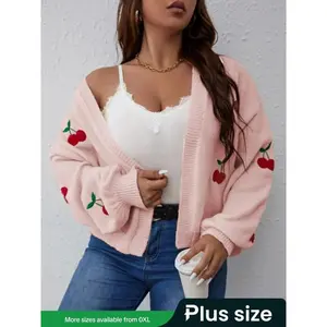 Large casual cherry-colored knitted long-sleeve sweater with cardigan, women’s autumn and winter fashion, comfortable and stylish outerwear, women’s clothing