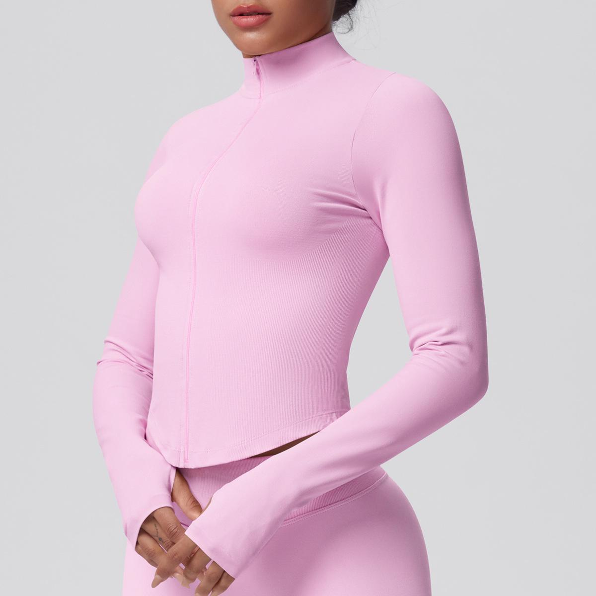 Women's Ribbed Cropped Yoga Jacket, Breathable Long Sleeve Zip-Up Compression Activewear with Thumb Holes for Gym & Running, Plus Size, Female, Large, Normal Type, Thumbhole Cuff, Tight, Slim-Fitting, Stretchable, Thumbholes, Slim Fit, Stretch Fabric