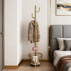 Freestanding Coat Rack with 6 Hooks and Shelf, Metal Adjustable Coat Tree for Bags, Clothes, and Hats, Gold