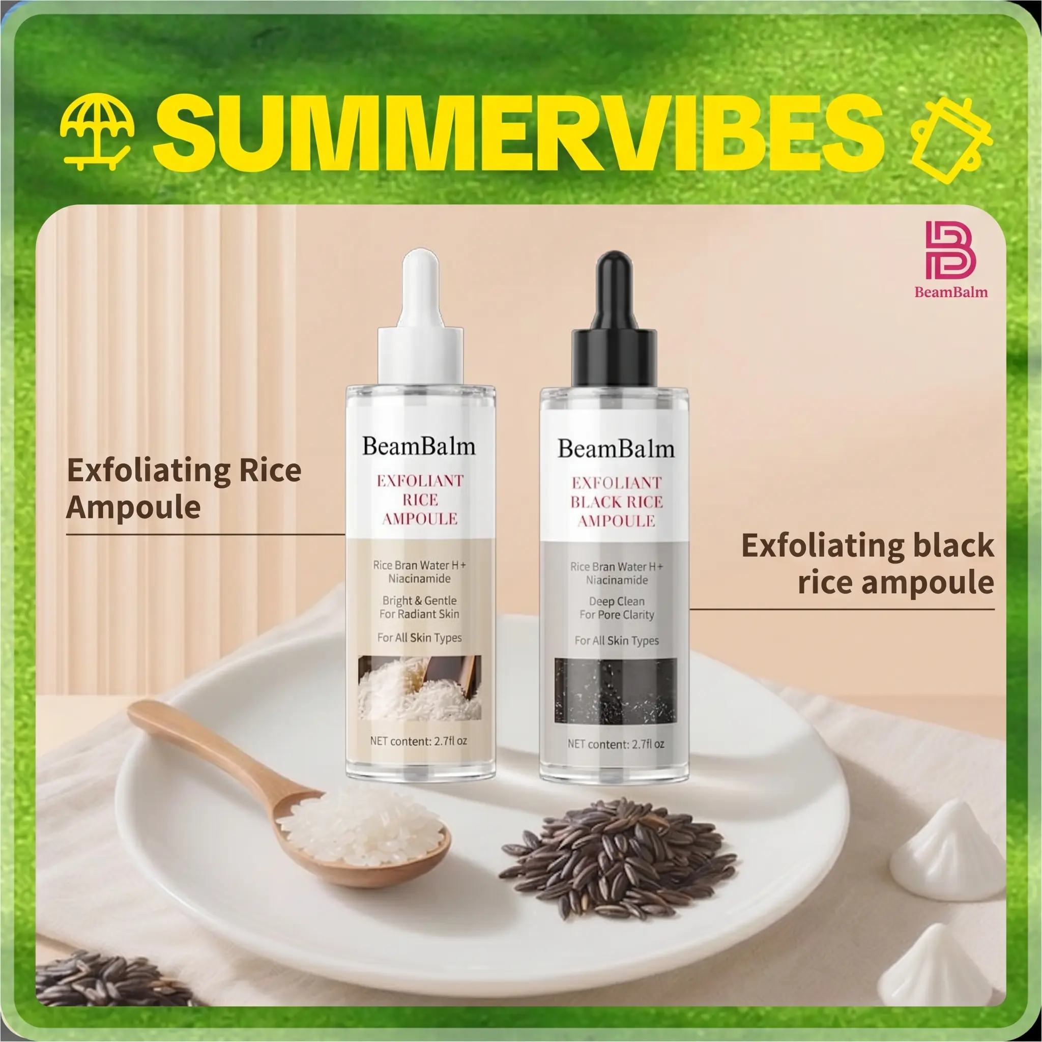 BEAMBALM Gentle Rice Exfoliator Gel with Hyaluronic Acid, Niacinamide, Glycerin - Lightweight, Nourishing, Soothing, Brightening, Radiant Facial Treatment for All Skin Types