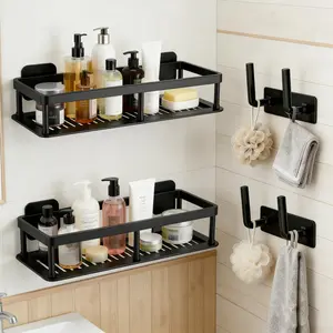 Shower Caddy Adhesive, Self-Adhesive Bathroom Shelves Basket, 2 Pack Large Capacity Shower Shelve with Hook Rack, No Drilling Bathroom Organizers and Storage for Home Decor (4Pack-Black)