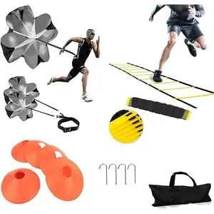 Speed Agility  Kit-12 Rung 20Ft Agility Ladder, 5 Round  Cones,Resistance Parachute, 4 metal Stakes & Carrying bag, football ladders for Faster Footwork and Better Movement Skills