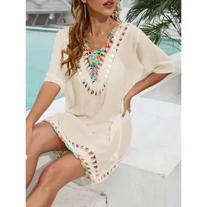 Swim Women's Solid Color Patchwork Short Sleeve Casual Crochet Cover Up Swimwear Coverups