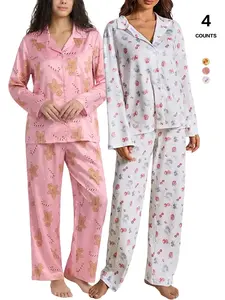 2026 Women's Y2K 2-Piece Fitted Pajama Set, Long Sleeve Floral & Fruit Print Loungewear Nightwear, Wide-Leg Pant & Top Pjs, Casual All-Season Wear