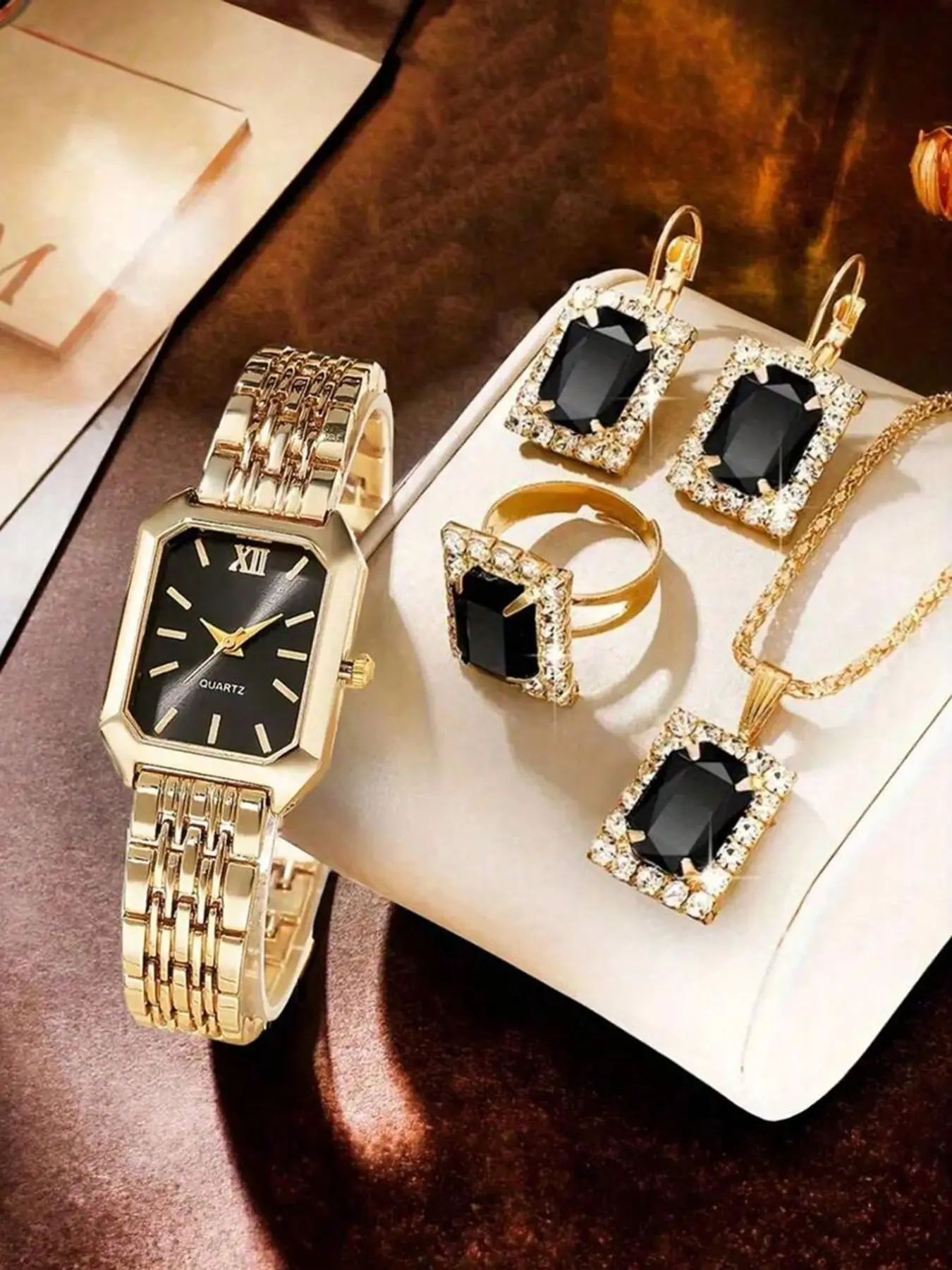 Women's Gold Tone Square Dial Quartz Watch Jewelry Set, 5Pcs Black Onyx CZ Necklace Earrings Ring, Luxury Elegant Fashion Jewelry Gift for Her, Watch Bracelet Set