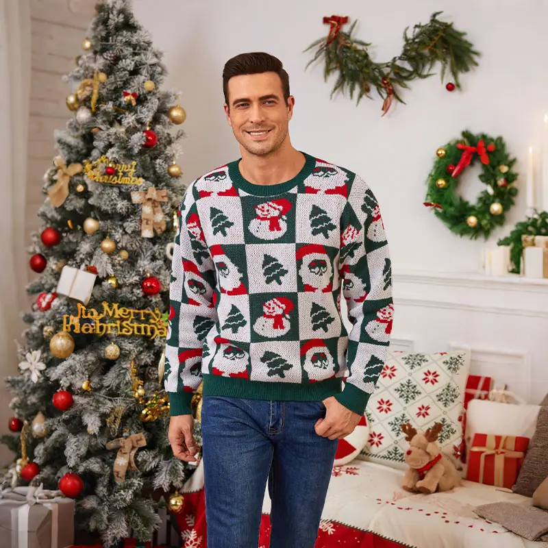 Men's Festive Print Knit Pullover - Menswear Tops Knitwear, Crew Neck Longsleeves, Santa-Snowman-Christmas Tree Checkered Design, Winter Holiday Xmas Party Jumper